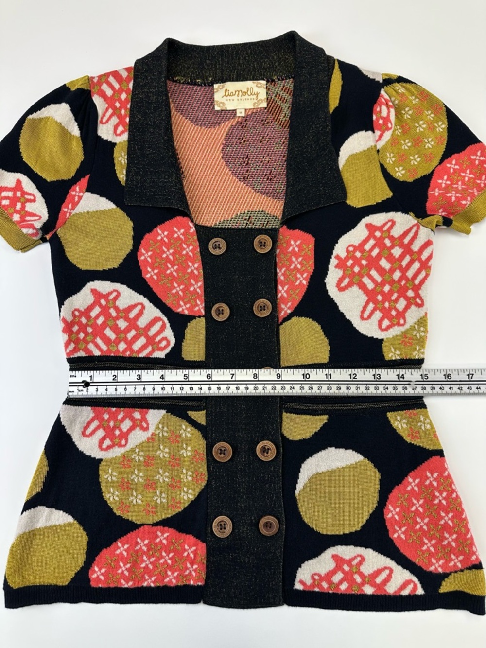 Lia Molly Retro Polka Dot Knit Cardigan Top Mod Short Sleeve Medium Anthro - Picture 8 of 12